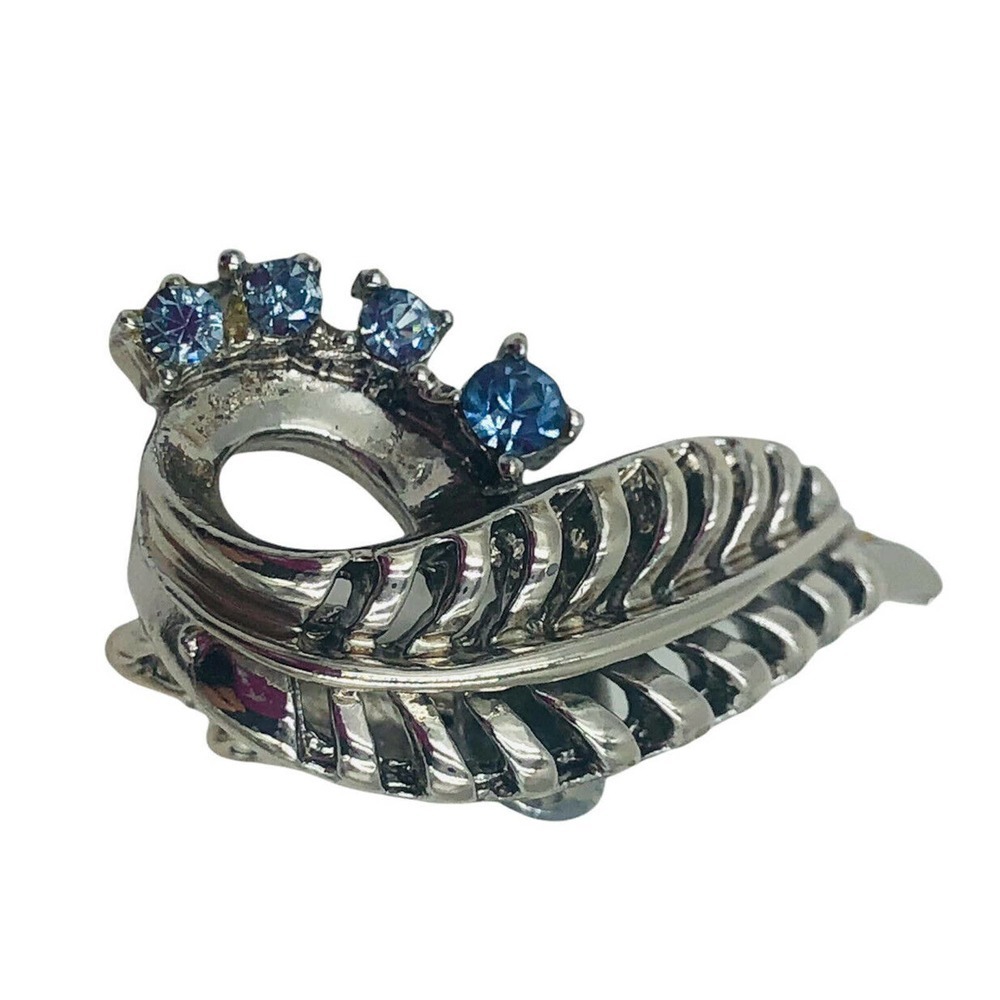 Vintage CORO Blue Rhinestone Silver Brushed and Polished Clip Earrings - Picture 5 of 9